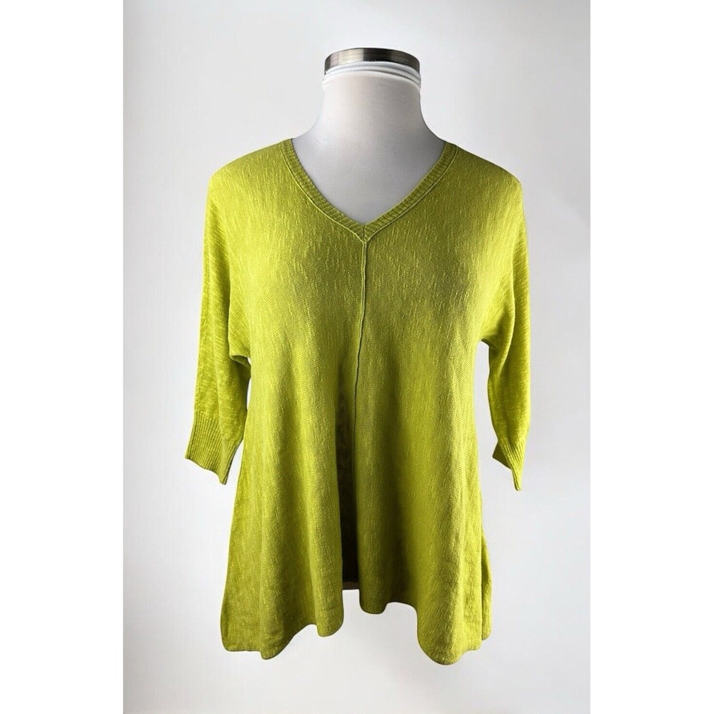 Eileen Fisher Organic Linen Cotton V-neck 3/4 Sleeve Top Green Small Lightweight - Picture 2 of 16